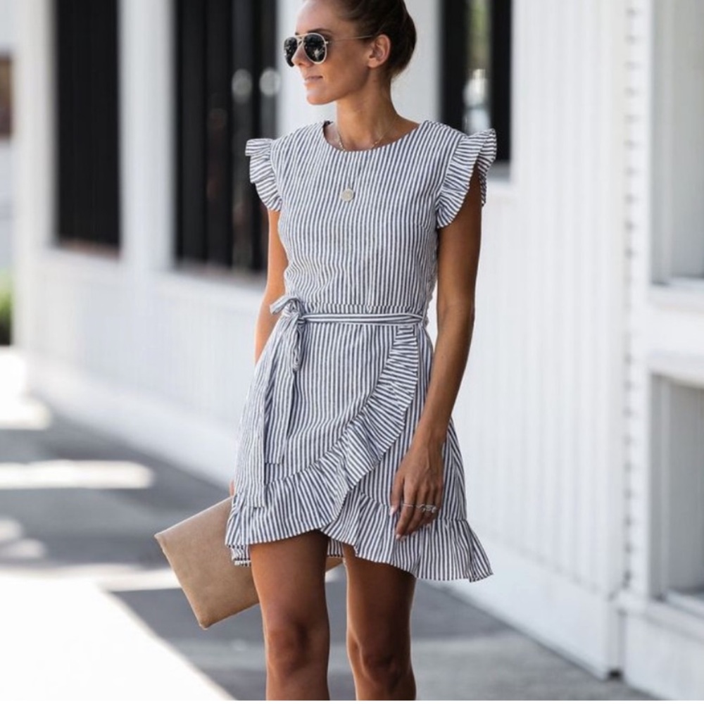 Vici Striped Ruffle Dress - Black and White